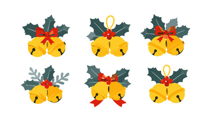 Fototapeta premium Set of festive golden bells with holly leaves and red bows