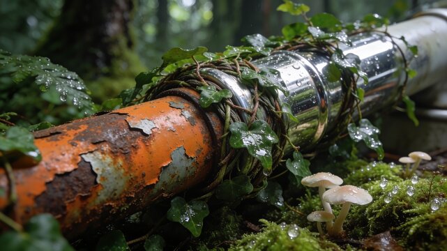 A weathered, rusty chrome pipe lying horizontally on a bed of green forest moss under clover leaves and tiny mushrooms, decorated with water droplets.