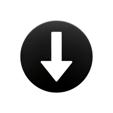Black circle button with white arrow pointing down isolated on transparent background