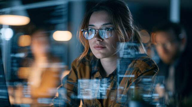 Analyst workforce automation impact technology data office computer woman analyst working late with digital data overlay showing automation impact on workforce planning in modern office environment