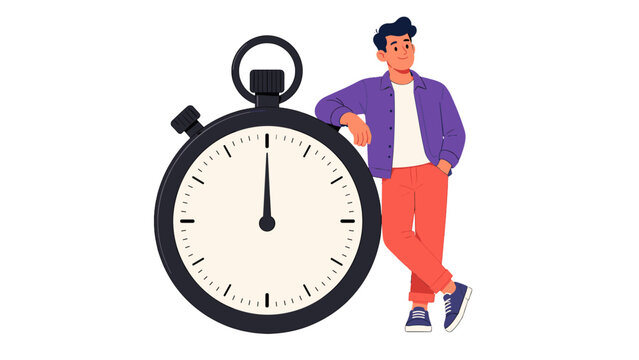 Man leaning on large stopwatch in flat vector style
