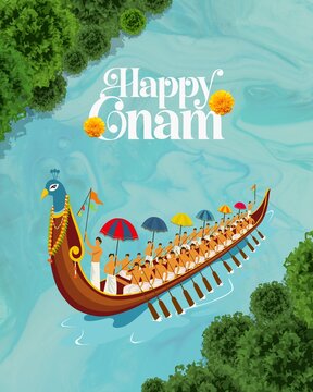 Onam Blue and White Modern Illustrated Aesthetic Greeting Poster