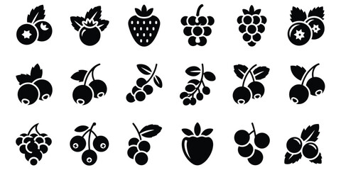 Collection of black berry and fruit icons on a white background blueberry raspberry © Tanzila