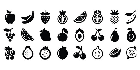 Collection of Black Fruit Icons on White Background Vector Illustration apple banana © Tanzila