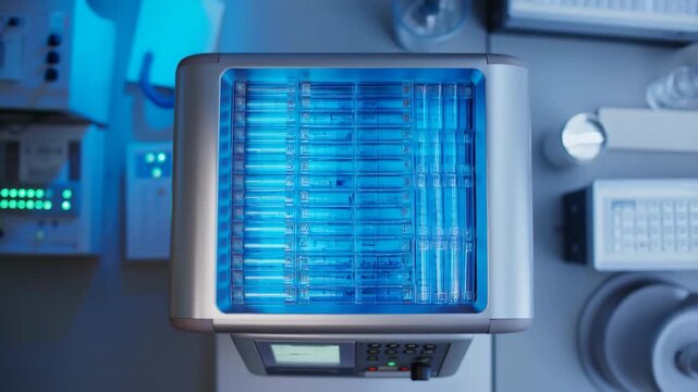 Top down laboratory sample processing instrument with illuminated stacked trays, transparent cassette slots and changing LED colors inside sterile research workspace