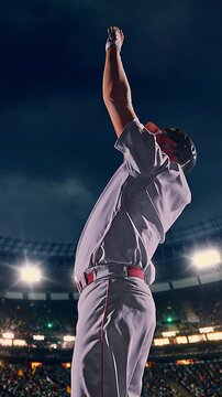 Baseball batter in backswing position preparing to hit at night stadium