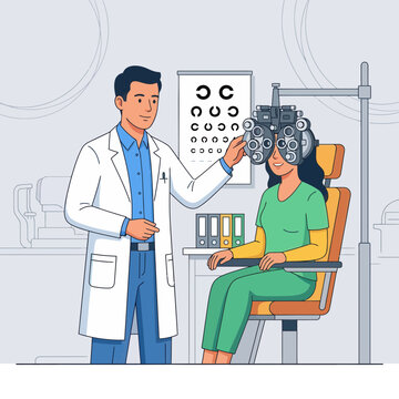 Optometrist performing eye exam on patient with phoropter, vision check-up concept, flat design illustration