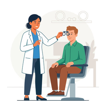 Optometrist performing eye exam on patient with phoropter in a modern clinic, flat vector illustration