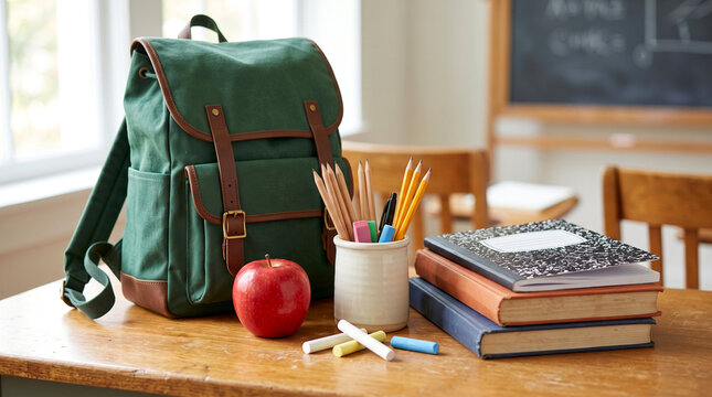 Green canvas backpack with school supplies and a red apple on a wooden desk