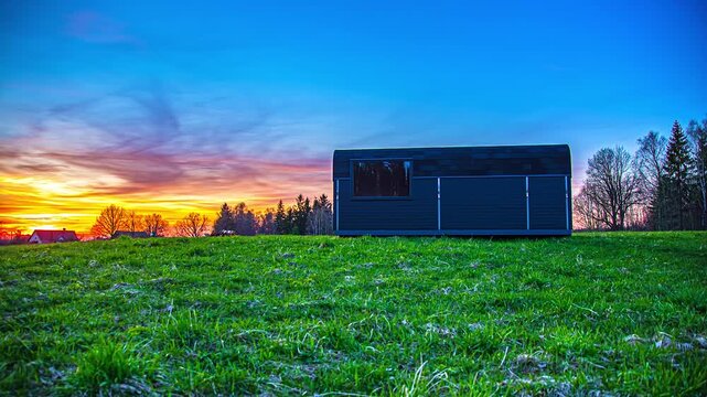 View of a modern tiny house situated in a lush green field during a vibrant sunset with a colorful sky in Latvia.