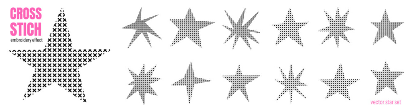 Crafted star cross stitch collection of twelve forms and angular spark bursts built from repeated marks. Black embroidery shapes isolated on white. Vector star cross set for greeting card design