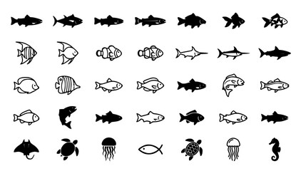 Fototapeta premium Fish Icon Set with Aquatic Life and Marine Animal Symbols Vector Illustration