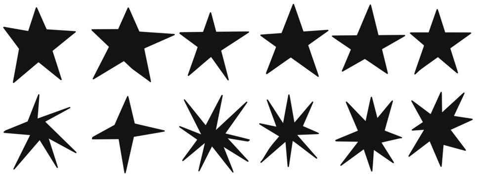 Monochrome star set of twelve silhouettes with five point shapes and jagged spark bursts. Solid black forms isolated on white background. Bold vector star set for poster design