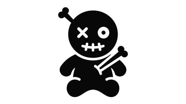 Scary voodoo doll vector graphic illustration featuring a stitched mouth and sharp pin silhouette design element