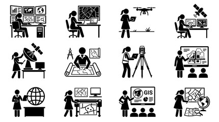 Obraz premium Geographic Information System (GIS) and Surveying Icons: Technology, Mapping, and Data Analysis