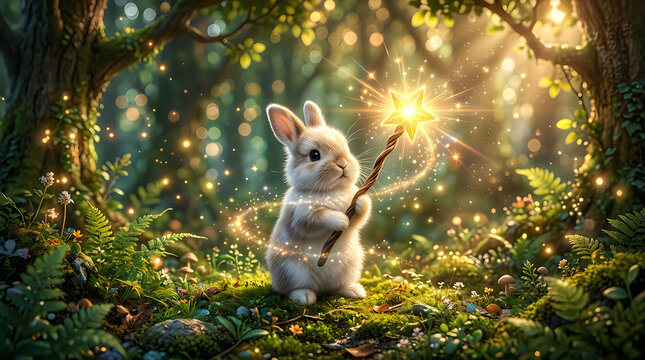 Cute little bunny holding a glowing magic wand in a magical enchanted forest at night
