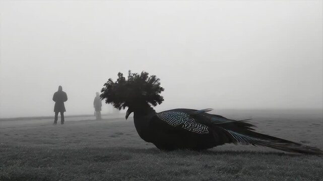 A silhouetted bird with a large crest on a grassy field, people fade in the background fog