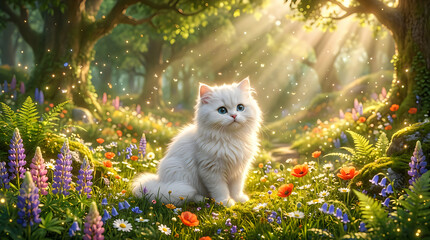 Obraz premium Cute fluffy white kitten sitting in a magical sunny forest with colorful spring wild flowers