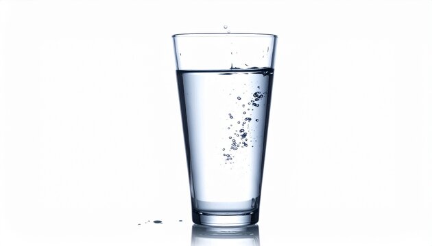 A crystal clear glass of fresh water with rising bubbles isolated on a pure white background representing healthy hydration and purity.