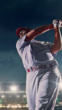 Baseball batter full swing follow-through with bat raised at night stadium