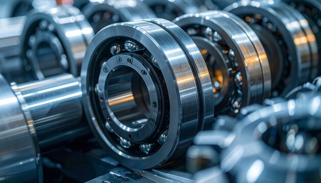 Industrial machine parts showing close up of metallic ball bearings arranged on a production line for heavy manufacturing equipment assembly.