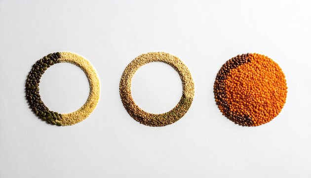 Three circular arrangements made of various dried grains and legumes creating a minimalist creative pattern on a clean white studio background.