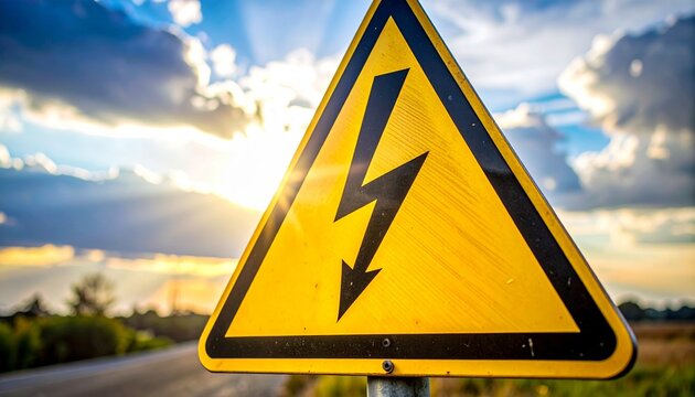A triangular yellow high voltage warning sign stands outdoors against a bright sunset sky background representing electrical safety hazards.