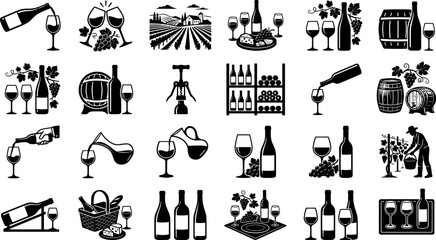 Obraz premium Set of wine icons, vector illustration of wine production, tasting, and serving