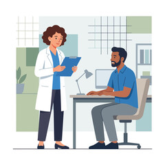 Fototapeta premium Doctor consulting patient in modern clinic office, flat vector illustration