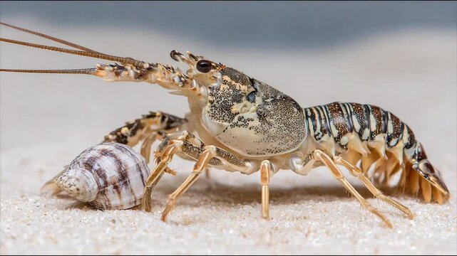 A close-up of a spiny lobster and seashell on sandy beach, captured in fine detail
