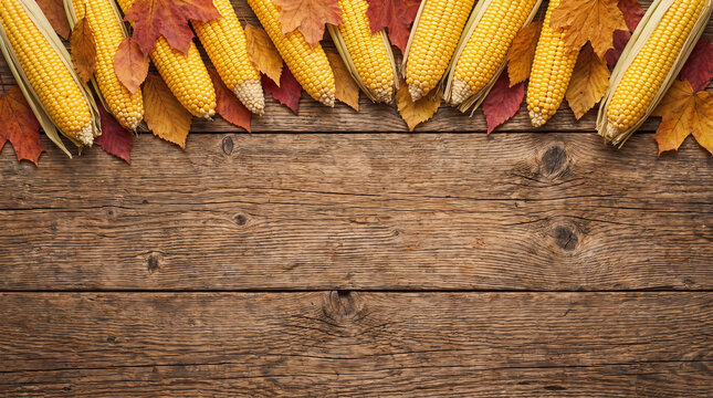 Thanksgiving Autumn Harvest Day sweet corn ears and colorful fall leaves arranged as a top border on rustic wood table background with copy space for seasonal harvest banner