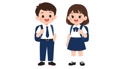 Fototapeta premium Cartoon school boy and girl in uniform with backpacks