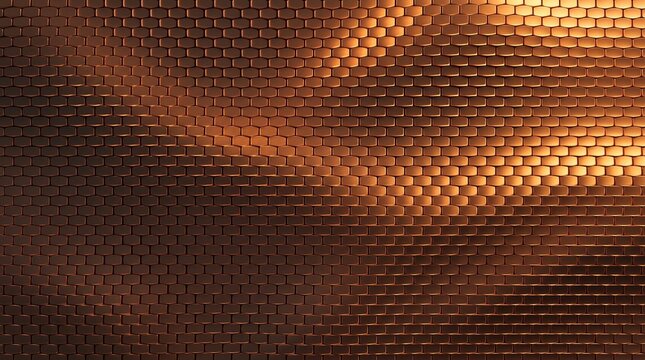 Abstract background of metallic copper tiles with soft lighting and wavy texture