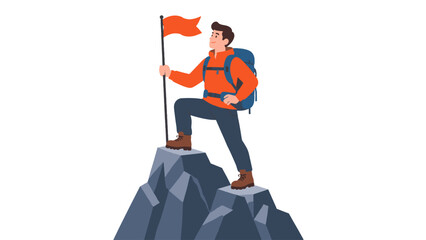 Fototapeta premium Hiker standing on rocky peak with flag and backpack