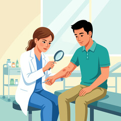 Fototapeta premium Dermatologist Examines Patient's Skin Lesion with Magnifying Glass in Medical Clinic