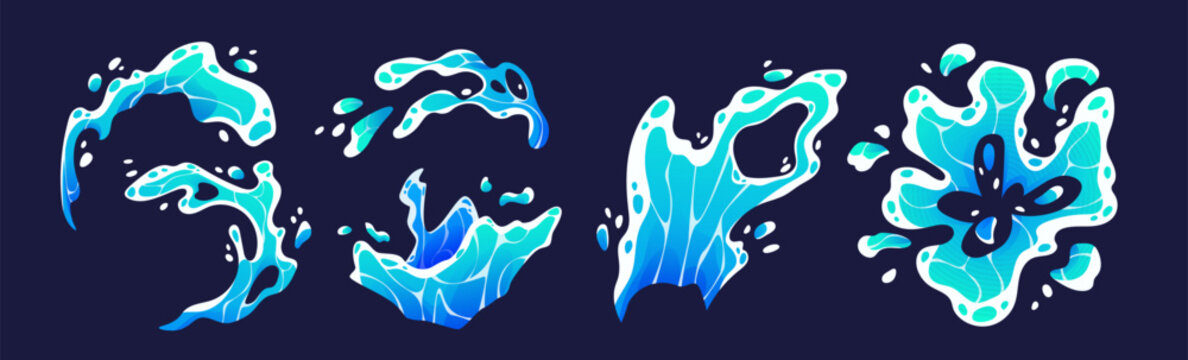 Vector splash effect with cartoon drop illustration and sweat icons. Liquid teardrop waterfall design with vector drip elements. Sea wave fountain graphics for flat game backgrounds.