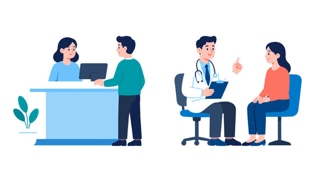 Clinic reception and doctor consultation flat vector illustration