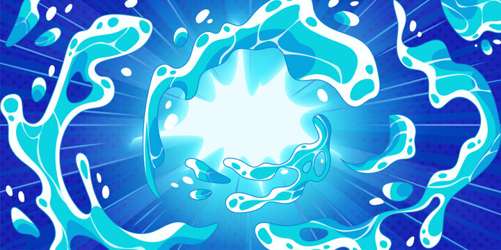 Water splash background with anime burst effect and dynamic blue liquid motion. Comic style vector illustration with radial speed lines, pop art halftone texture and cartoon energy for game design.