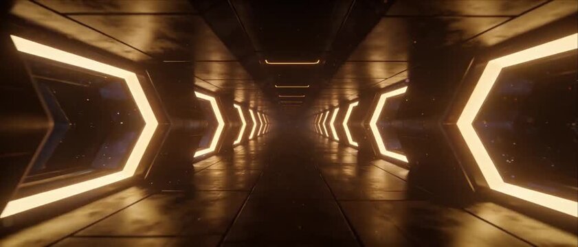Futuristic corridor tunnel with glowing light panels, reflective floor, symmetrical hallway interior, neon glow, abstract geometry, sci fi passage, motion perspective, warm illumination