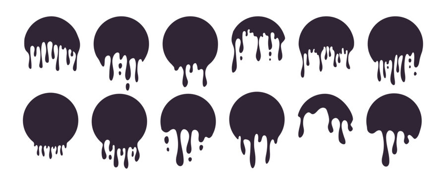 Melt effect icon with dripping paint circle and liquid drop splash. Vector logo design with chocolate sauce blob and creamy flow. Melting syrup splatter with honey texture on abstract background.