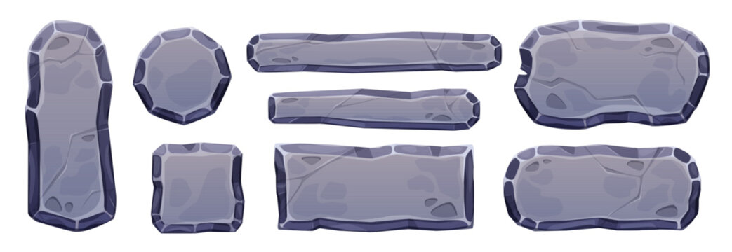 Game stone frame elements for UI design. Cartoon rock buttons, textured boards and fantasy tablet icons with medieval borders. Ancient plates and rectangular signs for mobile game interfaces.
