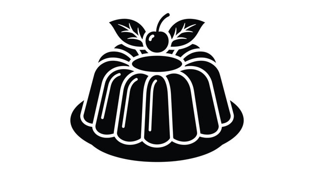 Minimalist black vector graphic illustration of a delicious gelatin pudding dessert topped with a cherry