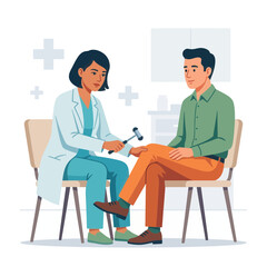 Fototapeta premium Doctor performs reflex test on patient's knee with reflex hammer in a bright, modern clinic setting.