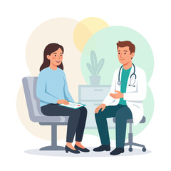 Obraz premium Doctor consulting with patient in modern clinic, friendly conversation about health, flat vector illustration