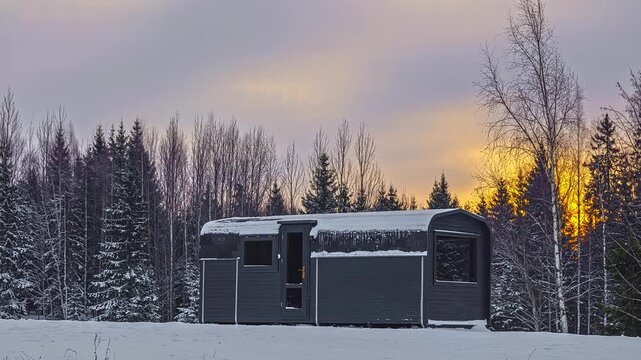View of a modern cabin nestled in a snowy forest during a vibrant sunset in Latvia.