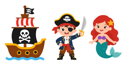 Cute pirate ship, pirate boy and mermaid cartoon set