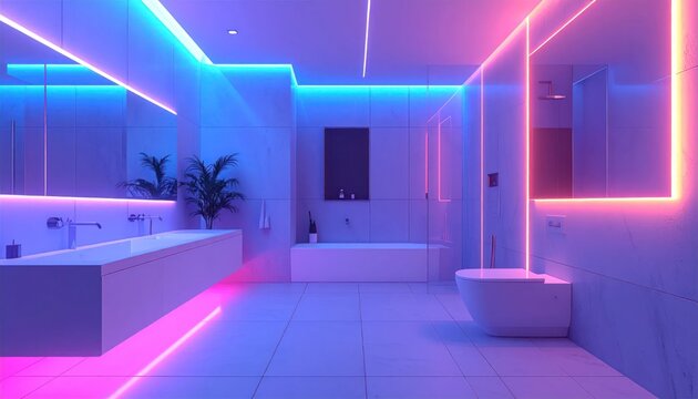 Modern Luxury Bathroom with Neon LED Lighting and Sleek Fixtures.
