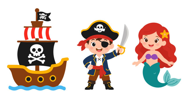 Cute pirate ship, pirate boy and mermaid cartoon set