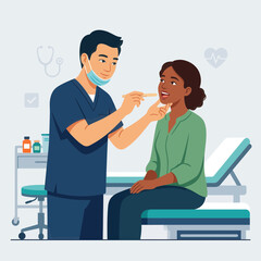 Fototapeta premium Doctor examines patient's throat with tongue depressor in clinic, healthcare concept, flat illustration
