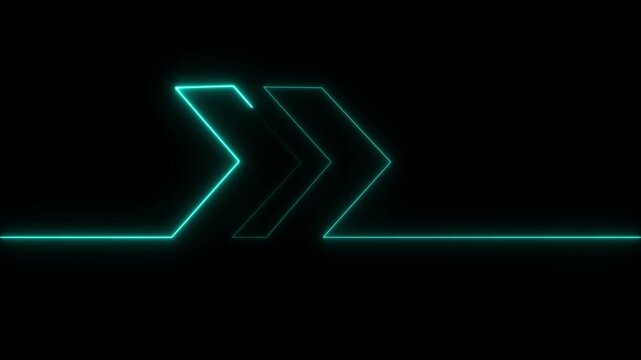 Cyan glowing neon arrow symbol pointing right with a continuous horizontal line on a black background for digital interface and navigation
